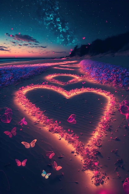 Coração feito de borboletas em uma praia generativa ai