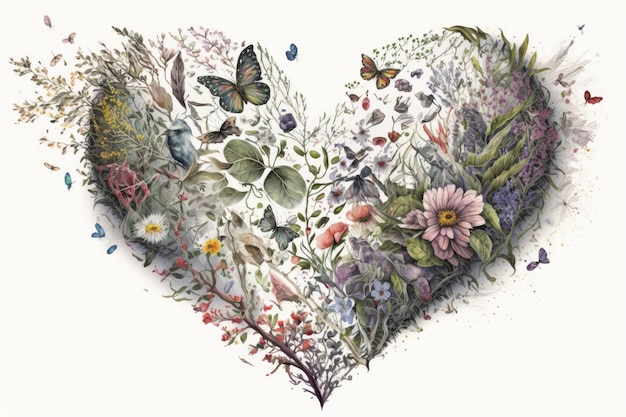 Coração feito de flores delicadas e ervas cercadas por borboletas