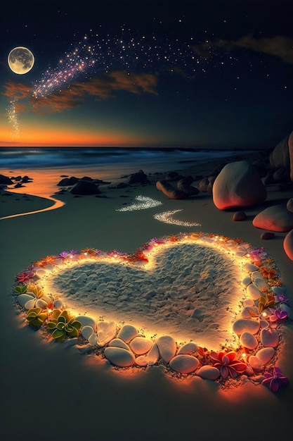 Coração feito de flores em uma praia à noite generativa ai