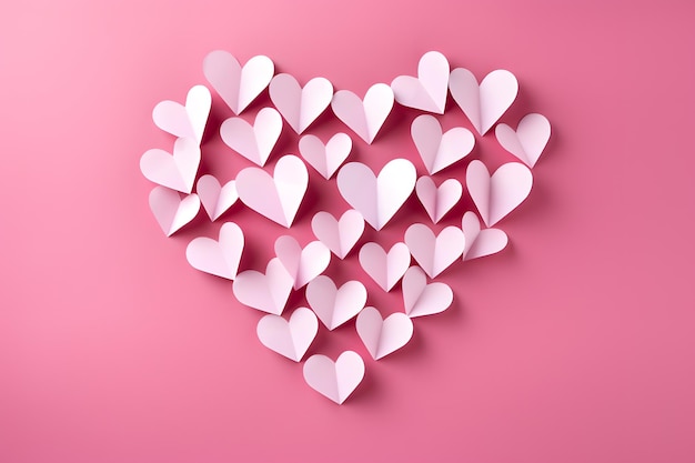 Coração feito de pequenos corações de papel rosa sobre um fundo rosa