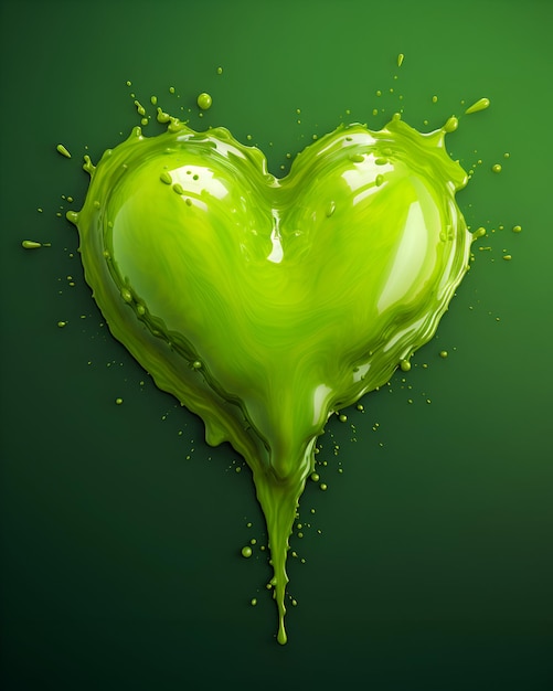 Foto coração feito de salpicos de tinta verde em fundo preto renderização 3d