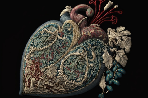 Coração feito de têxteis e fios com bordados intrincados