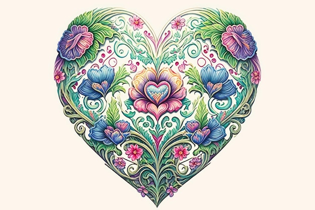 Coração floral com flores, ervas e folhas