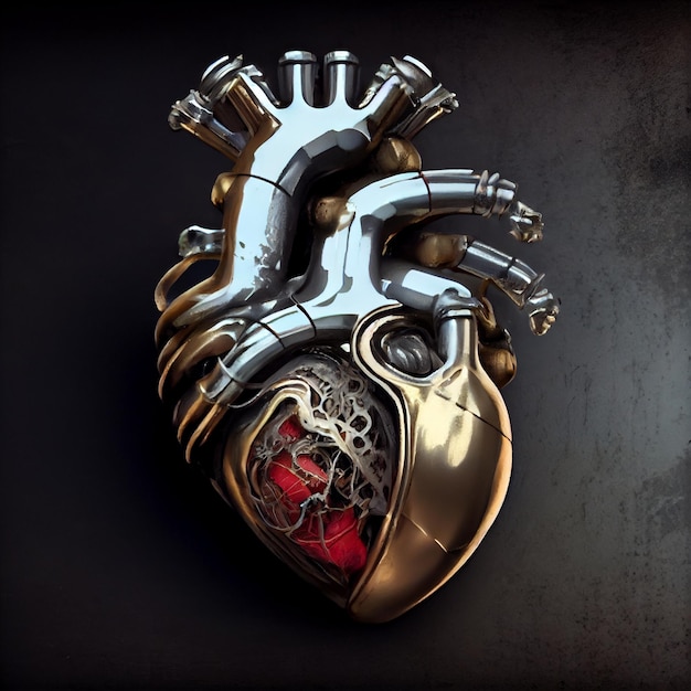 Coração humano 3D com detalhes dourados em fundo escuro