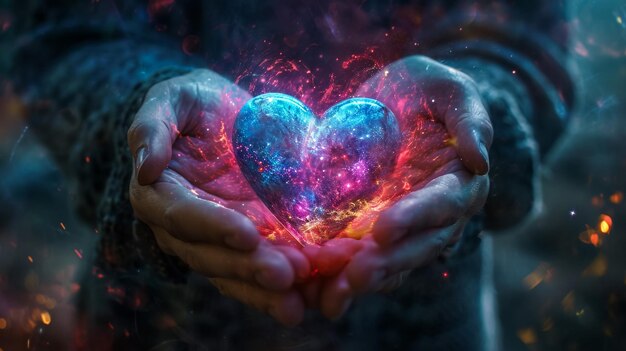 Foto coração humano brilhante nas mãos