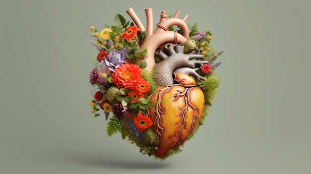 Coração humano cheio de flores e plantas vivas em um fundo neutro Conceito de saúde cardíaca dia mundial da saúde