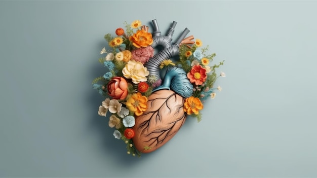 Coração humano com amor de flores e conceito de emoção Generative ai