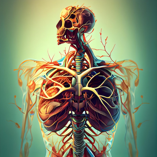 Coração humano com anatomia do sistema circulatório para ilustração 3D de conceito médico