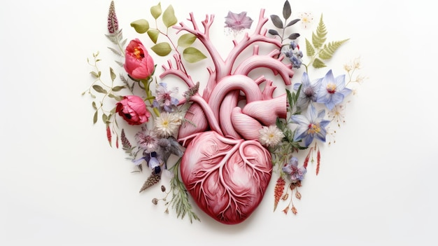 Coração humano com flores e folhas em fundo branco Ilustração criativa colorida Visual para design de medicina