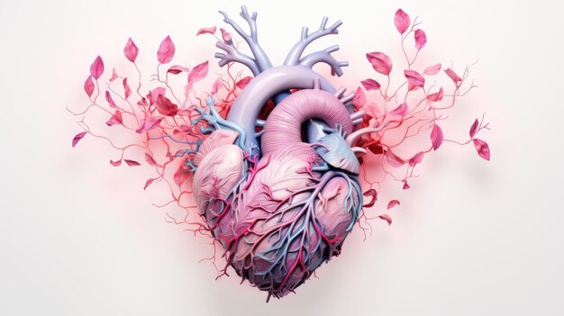 Coração humano com flores e folhas em fundo branco Ilustração criativa colorida Visual para design de medicina