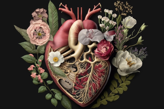 Coração humano com flores em seção transversal de órgão humano rosa