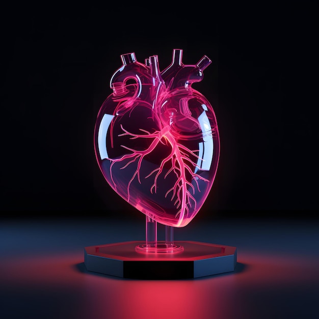 Coração humano em luz de néon em fundo escuro renderização 3D