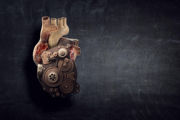 Coração humano feito de mecanismos e elementos. Mídia mista