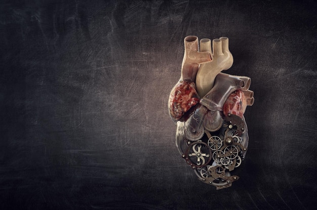Coração humano feito de mecanismos e elementos. Mídia mista