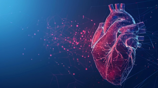 Coração humano ilustração 3d abstrata linha de pulsação cardíaca vermelha isolada em fundo azul anatomia cardiologia medicina órgão saúde ciência médica cuidados de saúde conceito de doença