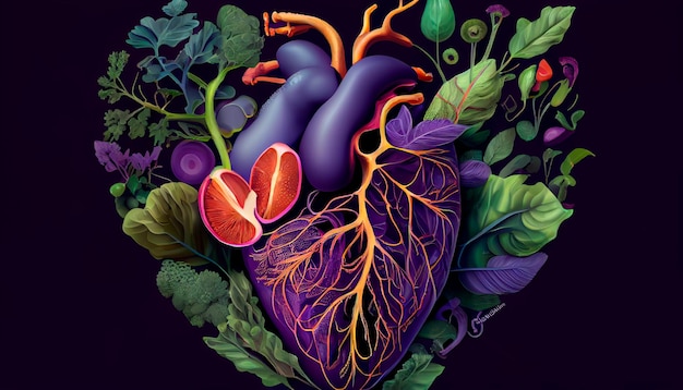 Coração humano ilustrado realista abstrato feito de vegetais frescos, plantas e frutas isoladas em um fundo roxo escuro Generative AI