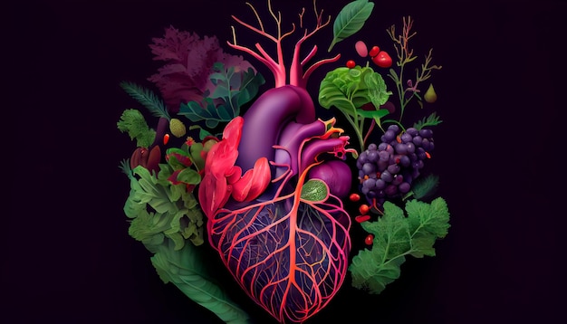Coração humano ilustrado realista abstrato feito de vegetais frescos, plantas e frutas isoladas em um fundo roxo escuro Generative AI