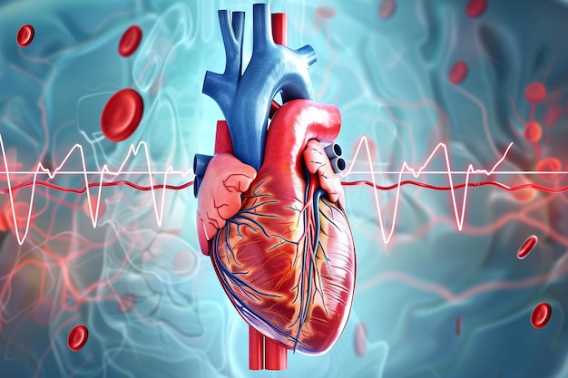 Coração humano renderizado em 3D com sistema vascular e fundo de dados de ECG