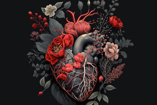 Coração humano vermelho com flores em fundo cinza escuro