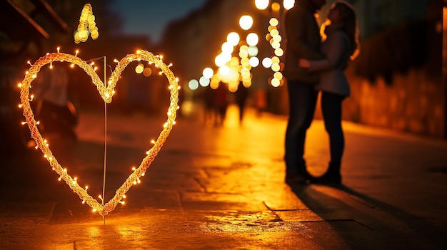 Coração iluminado na rua com um casal
