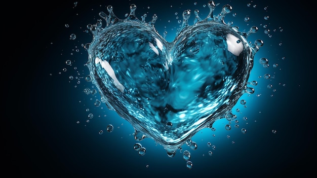 coração molhado em água azul clara com gotas de água