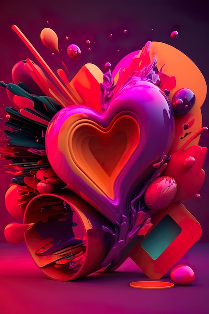Coração multicolorido cercado por objetos 3d vibrantes
