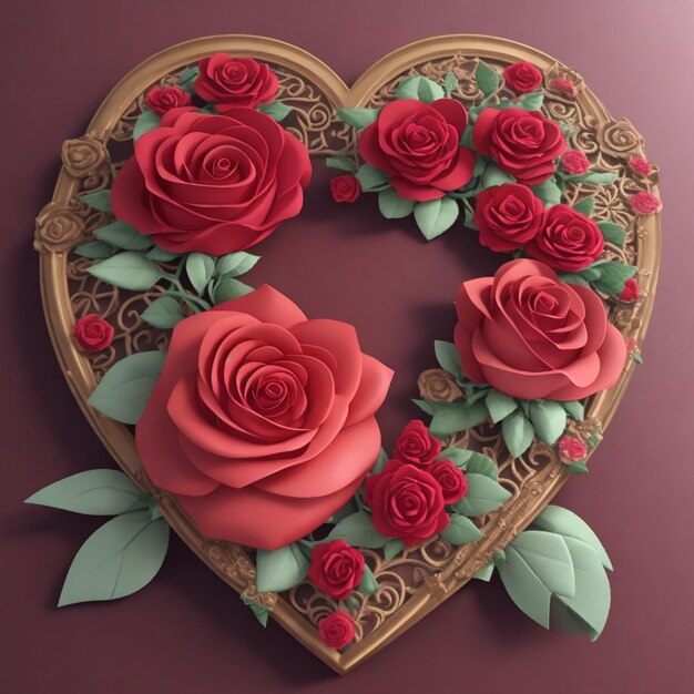 Coração realista moderno 3D e borda lateral de flores rosas para o Dia dos Namorados