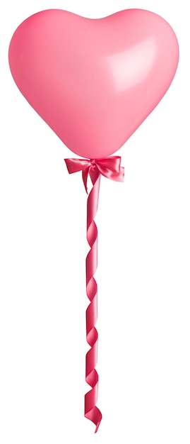 Coração rosa como balão de ar com laço amarrado e seda encaracolada isolado no fundo branco