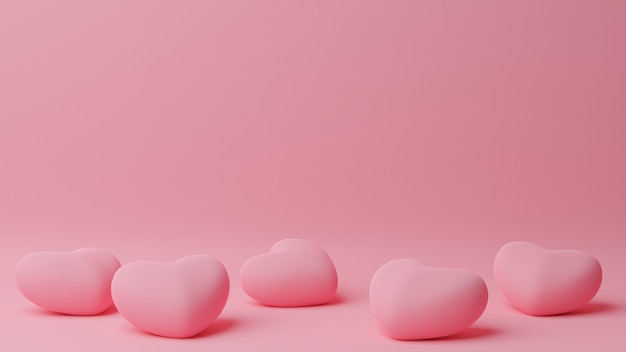 Coração rosa no chão com mesa rosa. conceito de dia dos namorados. ilustração de renderização 3d.