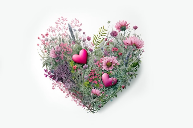 Coração rosa realista com flores silvestres para dia dos namorados isolado na luz Generative AI