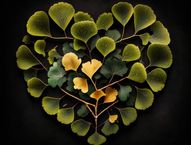 Coração verde feito de folhas de Ginkgo biloba Conceito de proteção ambiental criado com tecnologia de IA generativax9