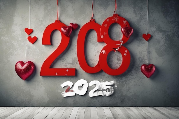 Foto coração vermelho com decoração número 2025 pendurado sobre a parede fundo grunge conceito de feliz ano novo