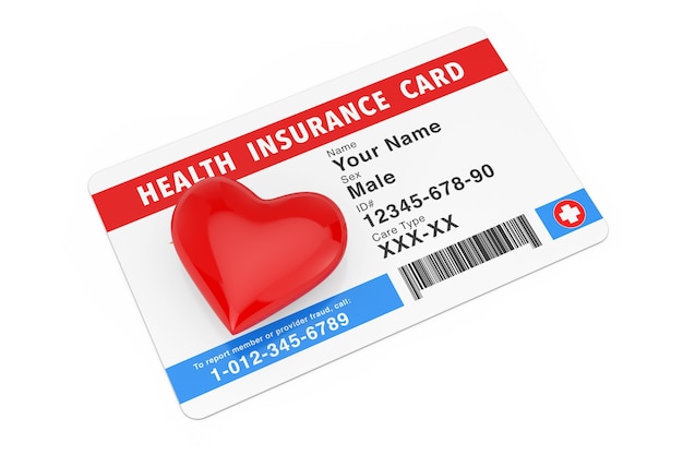Coração vermelho com o conceito de cartão médico de seguro de saúde em um fundo branco. renderização 3d