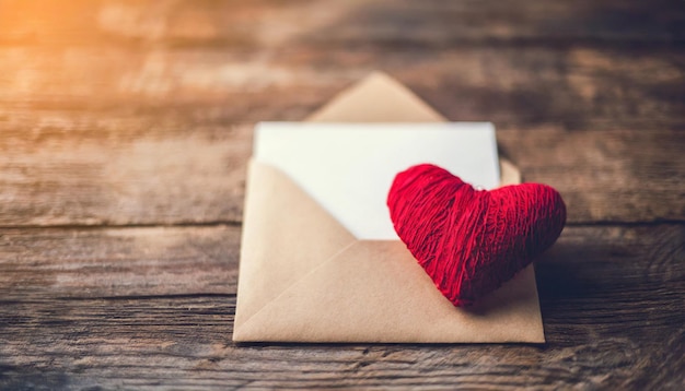 Coração vermelho e envelope em mesa vintage transmitindo mensagem de amor para o Dia dos Namorados