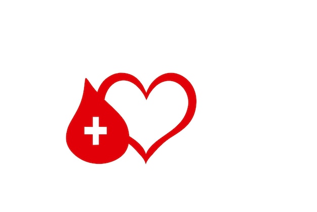 Coração vermelho e gota de sangue com sinal de mais ajuda médica e conceito de doação de sangue em fundo branco com espaço de cópia