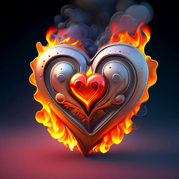 Coração vermelho em fogo metálico