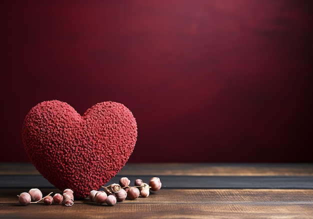Coração vermelho em fundo de madeira em estilo minimalista Dia dos Namorados gerado pela IA