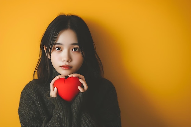 Coração vermelho em meninas Mão contra fundo amarelo