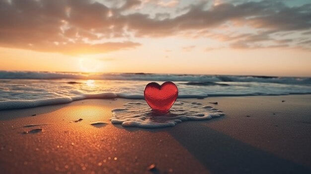 Coração vermelho na praia ao pôr do sol Dia dos namorados conceptgenerative ai
