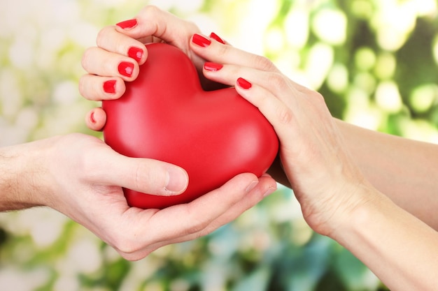 Coração vermelho nas mãos de homem e mulher, sobre fundo verde