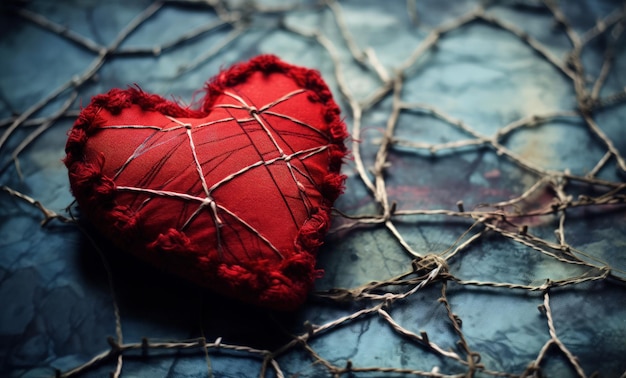 Foto coração vermelho perfurado com alfinetes e agulhas conceito de desgosto
