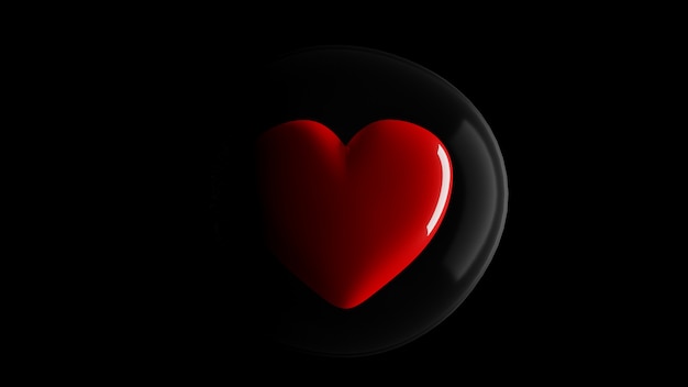 Coração vermelho protegido por bolhas e a luz brilhando de lado em fundo preto. Conceito de amor e proteção, 3D Render.