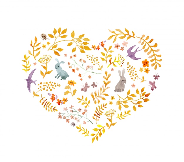 Coração vintage - folhas de outono, coelhos, pássaros. Aguarela
