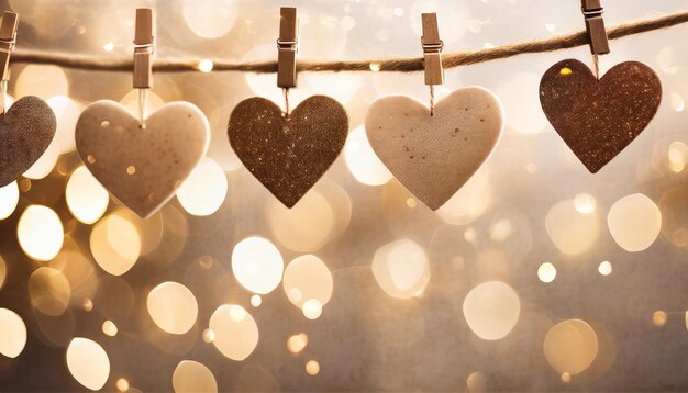 Corações castanhos em corda com luzes bokeh ideais para aniversários, casamentos, aniversários.
