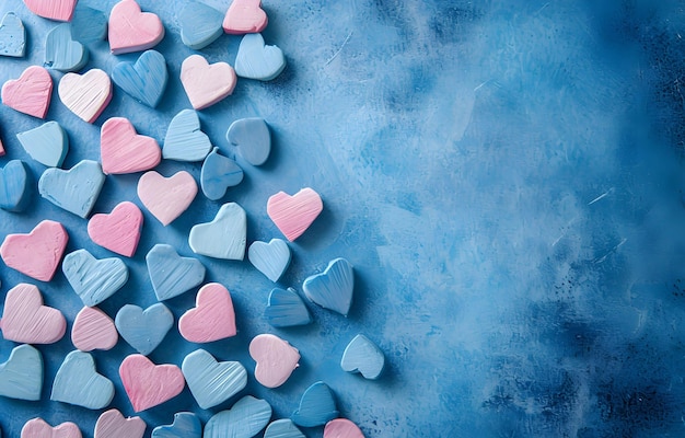 Corações cor-de-rosa e azuis pastel macios caídos isolados na vista superior da textura do fundo da mesa de papel azul