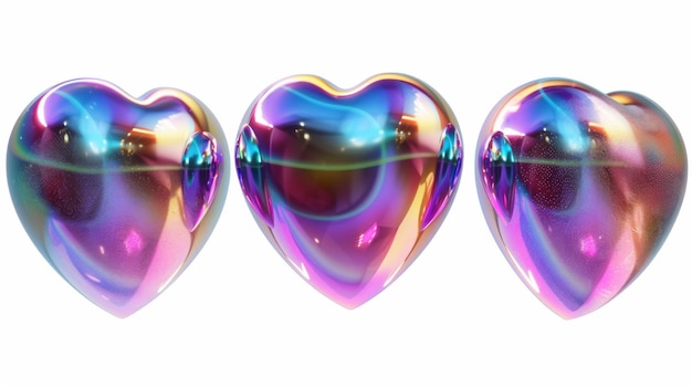 Corações cromados iridescentes isolados em fundo branco Ilustração moderna 3D no estilo Y2K Renderização de corações holográficos 3D com estrelas de planetas da galáxia e gradiente de arco-íris