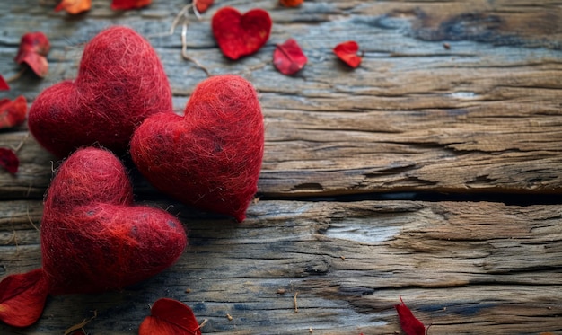 Corações de amor vermelhos em um fundo de madeira rústico para o Dia dos Namorados
