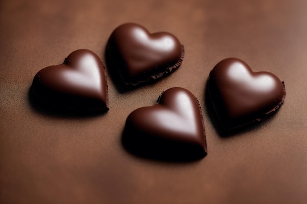 Corações de chocolate em um fundo marrom