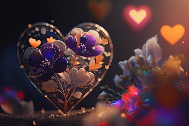 Corações de dia dos namorados 3d coloridos com elementos de flores e efeito Bokeh
