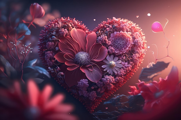 Corações de dia dos namorados 3d coloridos com elementos de flores e efeito Bokeh